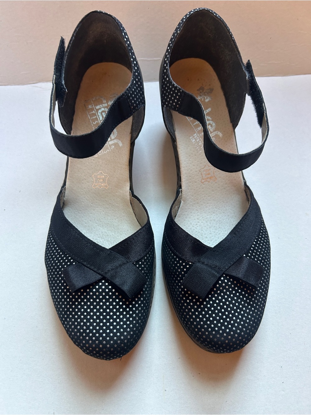 Rieker Black Polka Dot Ankle-Strap Heels with Crossed Satin Bow